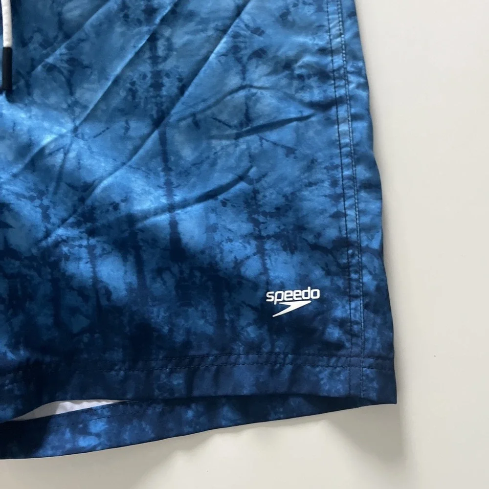 Speedo Men's Size M Swim Trunks Board Shorts Blue White Tie Dye Drawstring‎